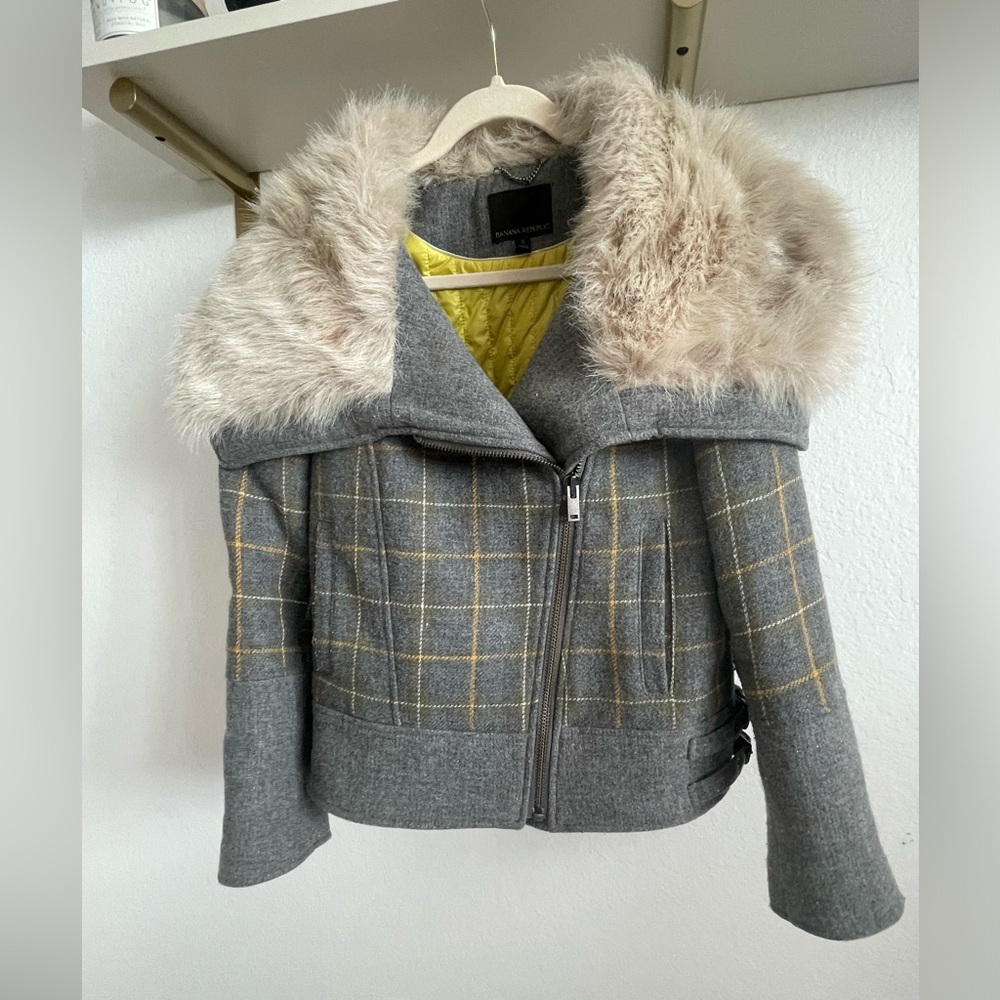 Banana Republic Faux Fur Plaid Moto Jacket